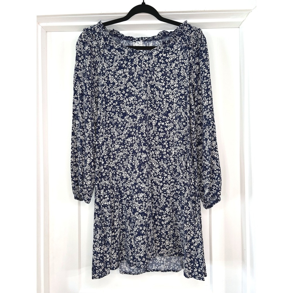 Naif Womens Navy Blue White Floral Long Sleeve Elastic Neck Mini Dress Small